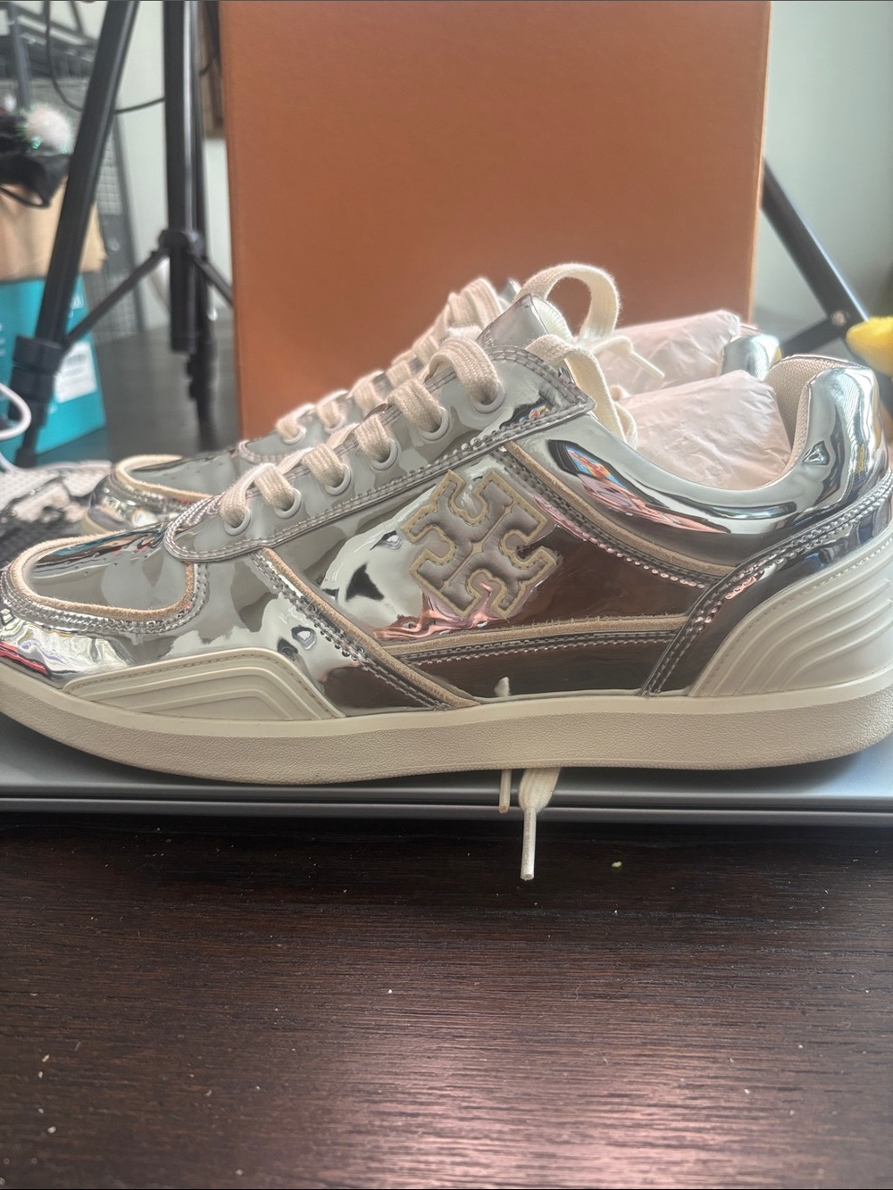 Tory Burch Silver Metallic Low-Top Logo Sneakers